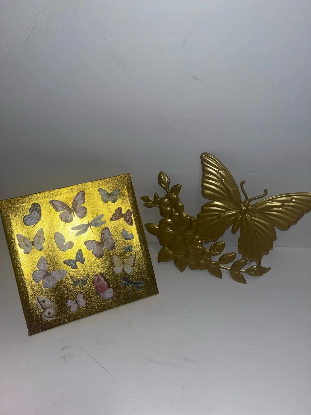 Gold Butterfly /Dragonfly Wall Art Decor Set -metal plaque & canvas Art-